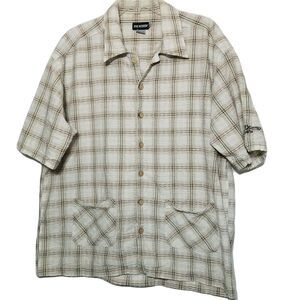 Joe Boxer Button Up Collared Shirt ~ Sz XL ~ Beige ~ Plaid ~ Short Sleeve